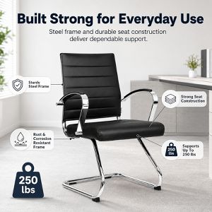 LeisureMod Benmar Modern Leather Office Chair - Ergonomic Sled Base Desk Chair with Fixed Armrests & Sturdy Steel Frame for Home or Executive Office