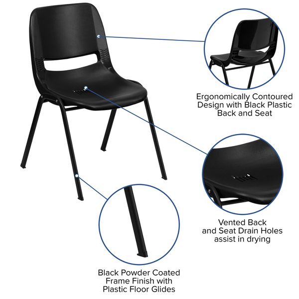 Emma and Oliver Black Ergonomic Shell Student Stack Chair - Classroom Chair / Office Guest Chair