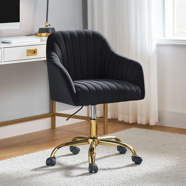Alex Velvet Height-adjustable Swivel Task Office Chair with Channel-tufted Back and Gold Metal Base | Karat Home - Black