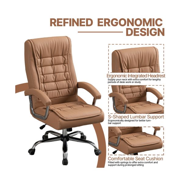 Camel Executive Office Chair, High Back PU Leather Swivel Desk Chair with Spring Cushion, Chrome Armrests and 350 lb Capacity