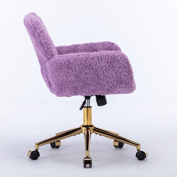 Adjustable Faux Fur Office Chair with Gold Base, Swivel Upholstered Desk Chair with Armrests, Violet