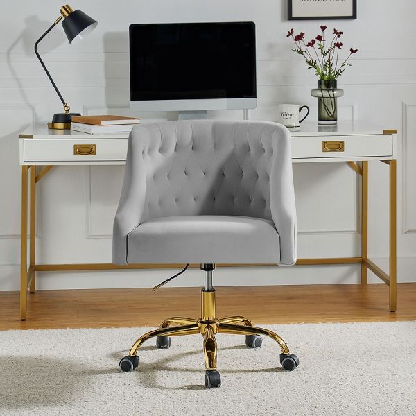 Anika Modern Velvet Height-adjustable Swivel Task Office Chair with Button-tufted Back and Gold Base | Karat Home - Black