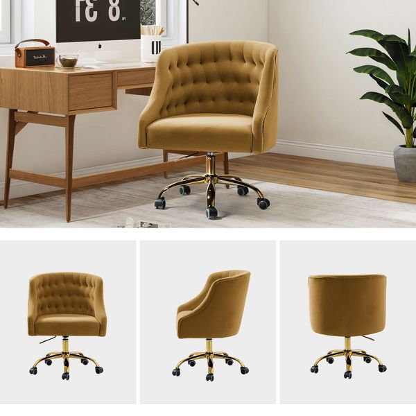 Anika Modern Velvet Height-adjustable Swivel Task Office Chair with Button-tufted Back and Gold Base | Karat Home - Black