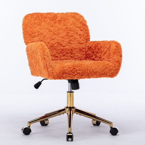 Adjustable Faux Fur Office Chair with Gold Base, Swivel Upholstered Desk Chair with Armrests, Orange