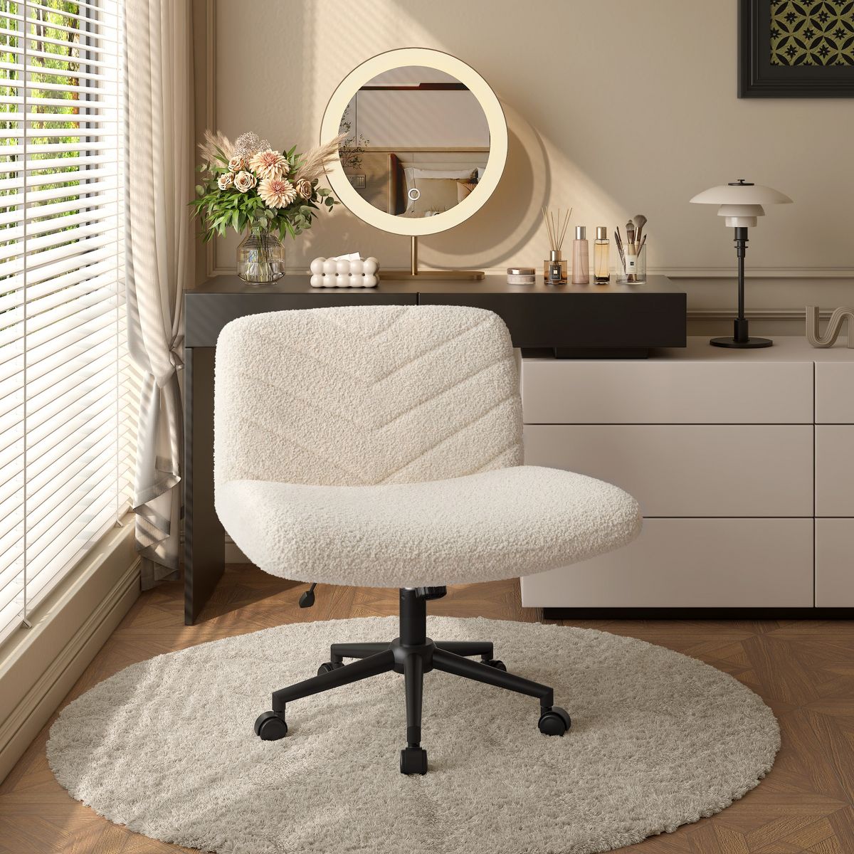 Yaheetech 32.5"H Boucle Swivel Armless Desk Chair, Cross-Legged Rolling Chair for Office, Bedroom & Vanity, Beige