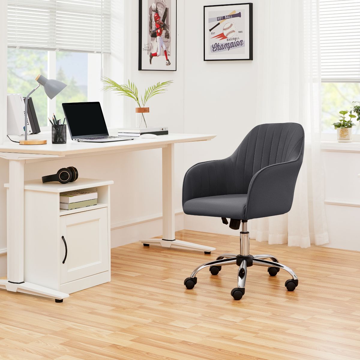 Yaheetech Modern Faux Leather Desk Chair, 360° Swivel Height Adjustable Upholstered Computer Chair for Home Office Study, Dark Gray