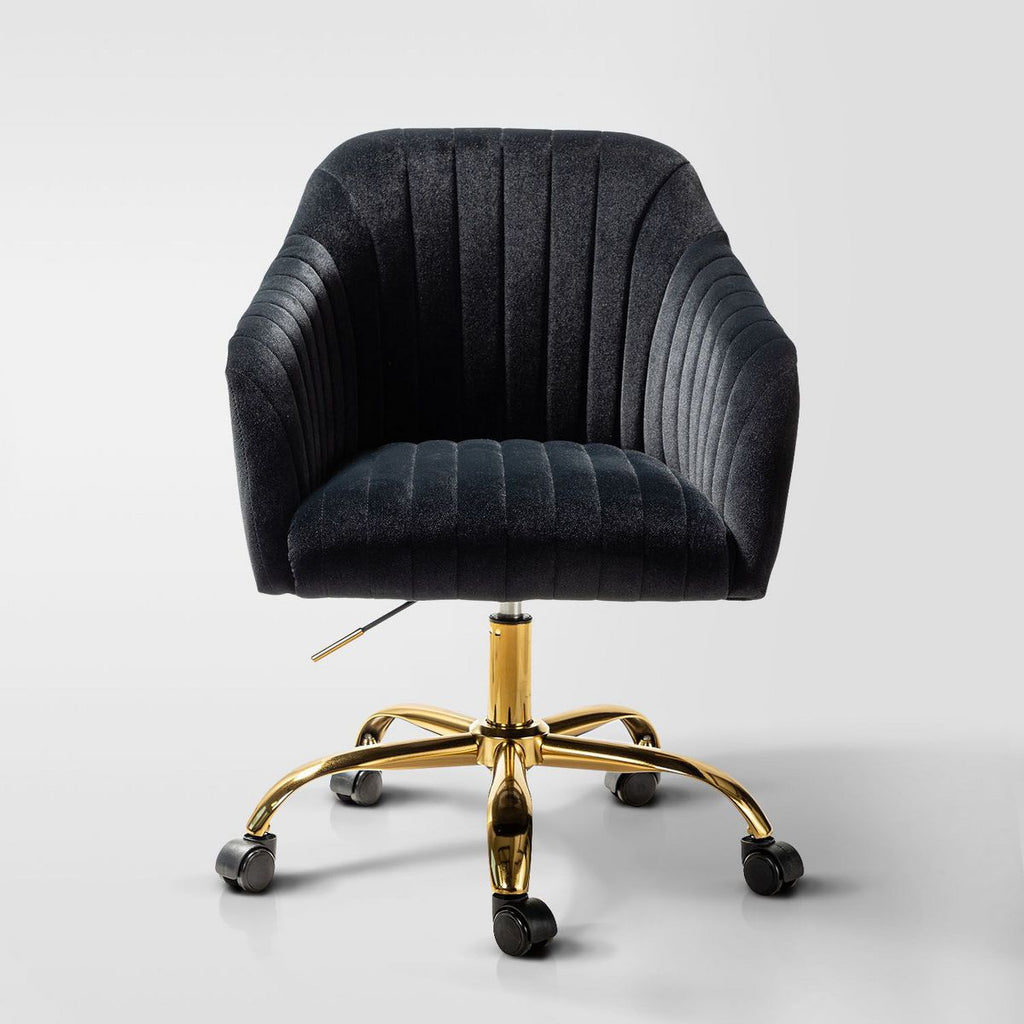 Alex Velvet Height-adjustable Swivel Task Office Chair with Channel-tufted Back and Gold Metal Base | Karat Home - Black