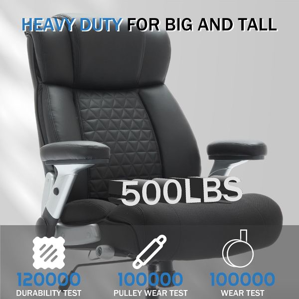 500lbs Big and Tall Office Chair with Adjustable Lumbar Support, Executive Heavy Duty Chair with Flip-Up Armrests and Wider Seat, Ergonomic Chair