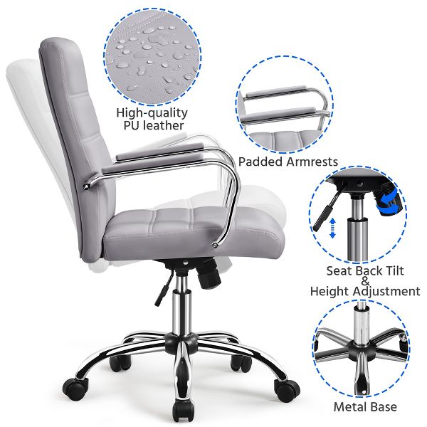 Yaheetech Mid-Back Swivel Office Chair, PU Leather Executive Chair with Adjustable Seat & Chrome Base for Home Office, Light Gray