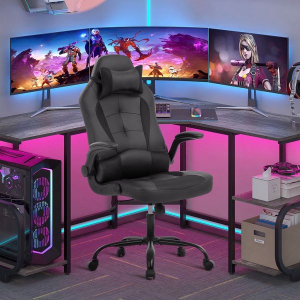 FDW PC Gaming Chair Office Chair Desk Chair with Lumbar Support Flip Up Arms Headrest, Black