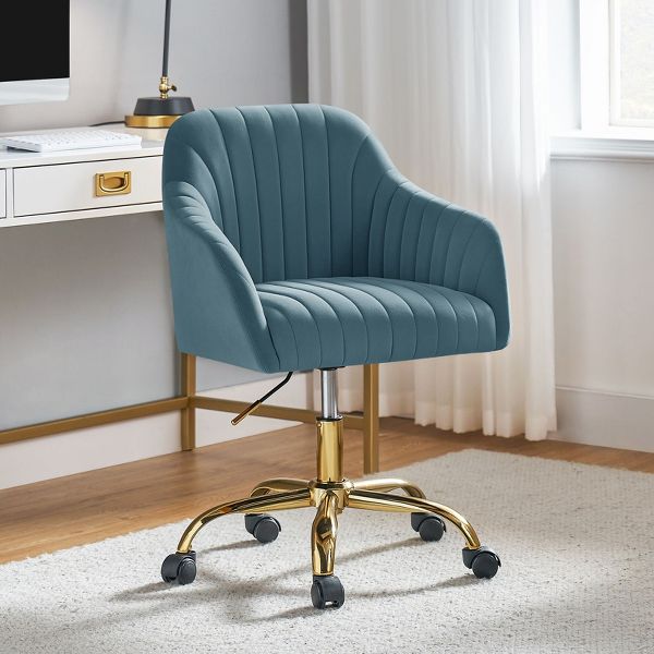 Alex Velvet Height-adjustable Swivel Task Office Chair with Channel-tufted Back and Gold Metal Base | Karat Home - Black