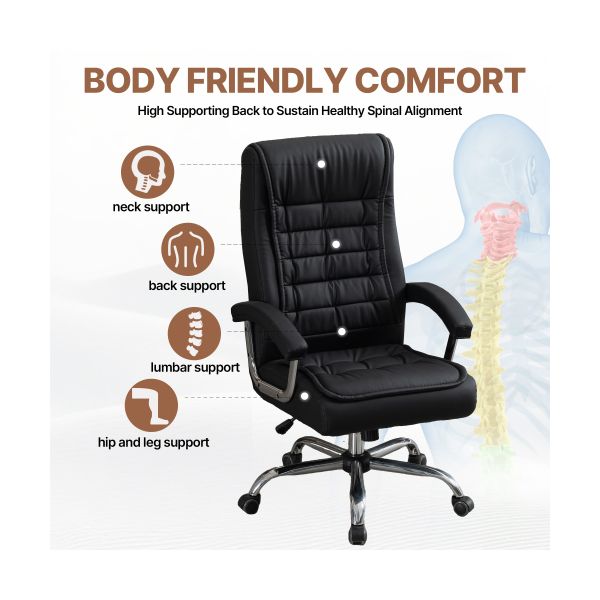 Black Executive Office Chair, High Back PU Leather Swivel Desk Chair with Spring Cushion, Chrome Armrests and 350 lb Capacity