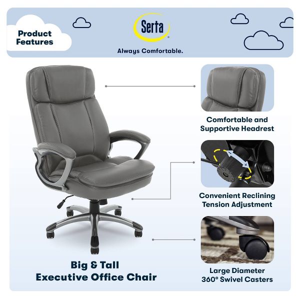 Big and Tall Executive Office Chair Cognac - Serta: 350lb Capacity, Ergonomic, Swivel, Adjustable