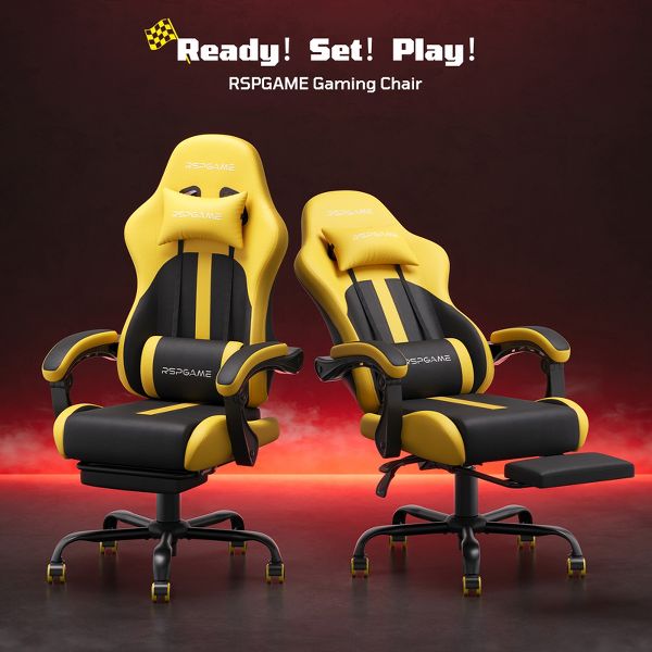 RSPGAME Basic Ergonomic Gaming Chairs for Adults, PU Leather Office Chairs with Lumbar Support, Pocket Spring Cushion and Retractable Footrest