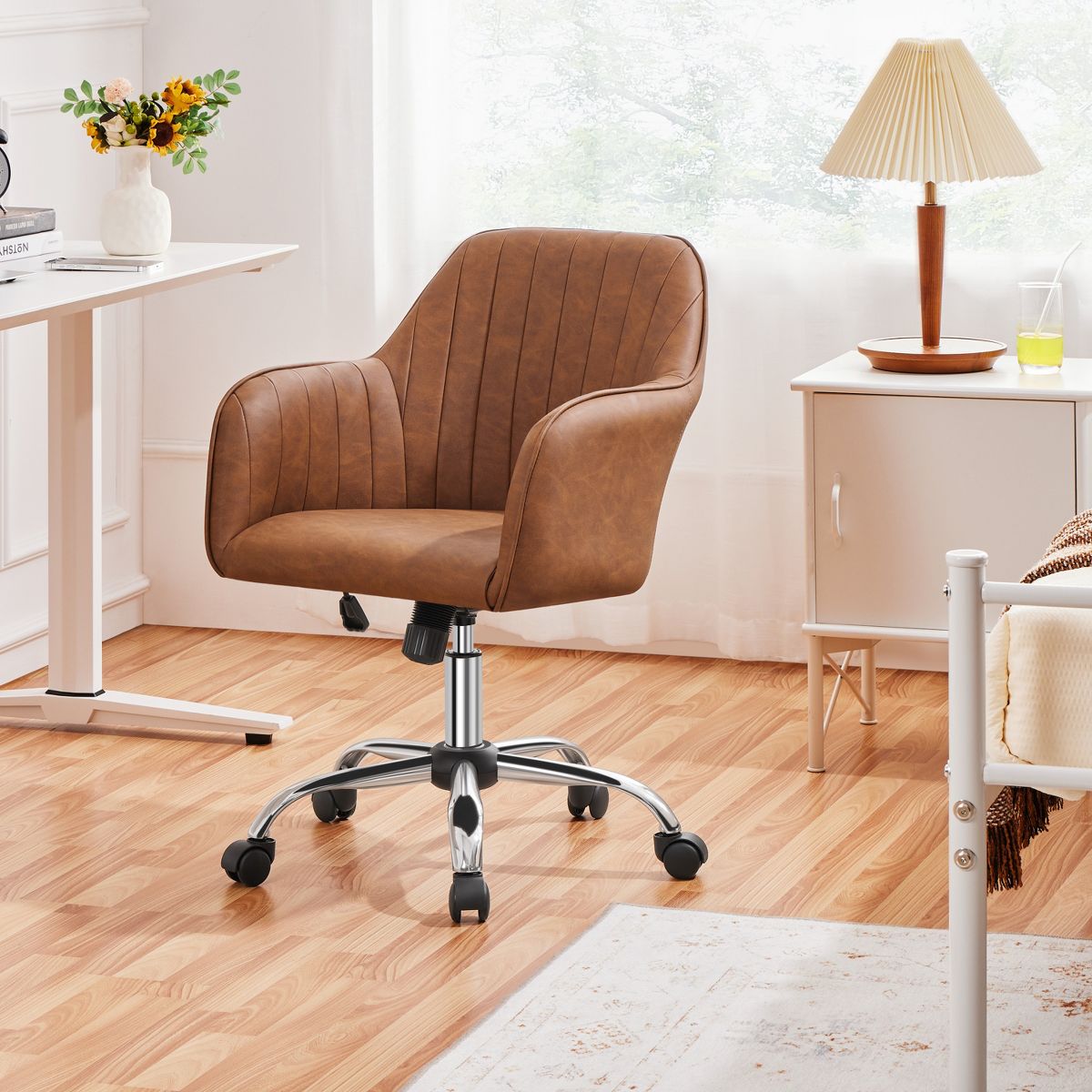 Yaheetech Modern Faux Leather Desk Chair, 360° Swivel Height Adjustable Upholstered Computer Chair for Home Office Study, Dark Gray
