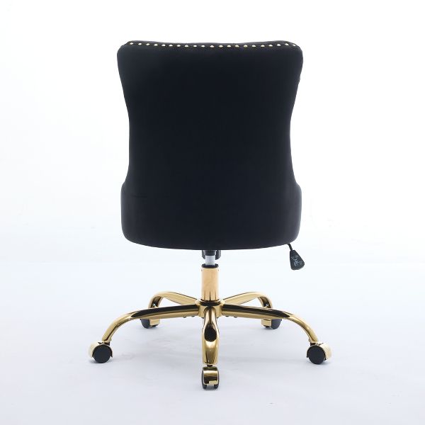 Adjustable Desk Chair Swivel Office Chair, Modern Velvet Upholstered Tufted Button Home Office Chair with Golden Metal Base (Black)