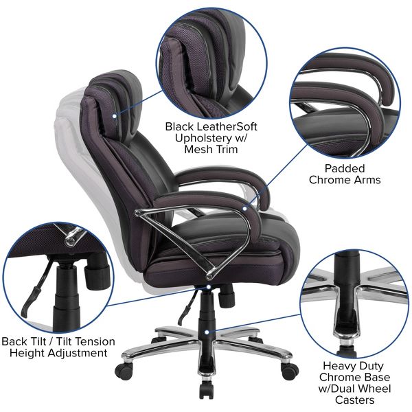 Emma and Oliver 500 lb. Big & Tall Black LeatherSoft Ergonomic Office Chair with Extra Wide Seat
