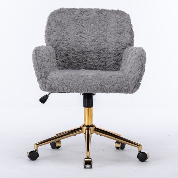 Adjustable Faux Fur Office Chair with Gold Base, Swivel Upholstered Desk Chair with Armrests, Gray