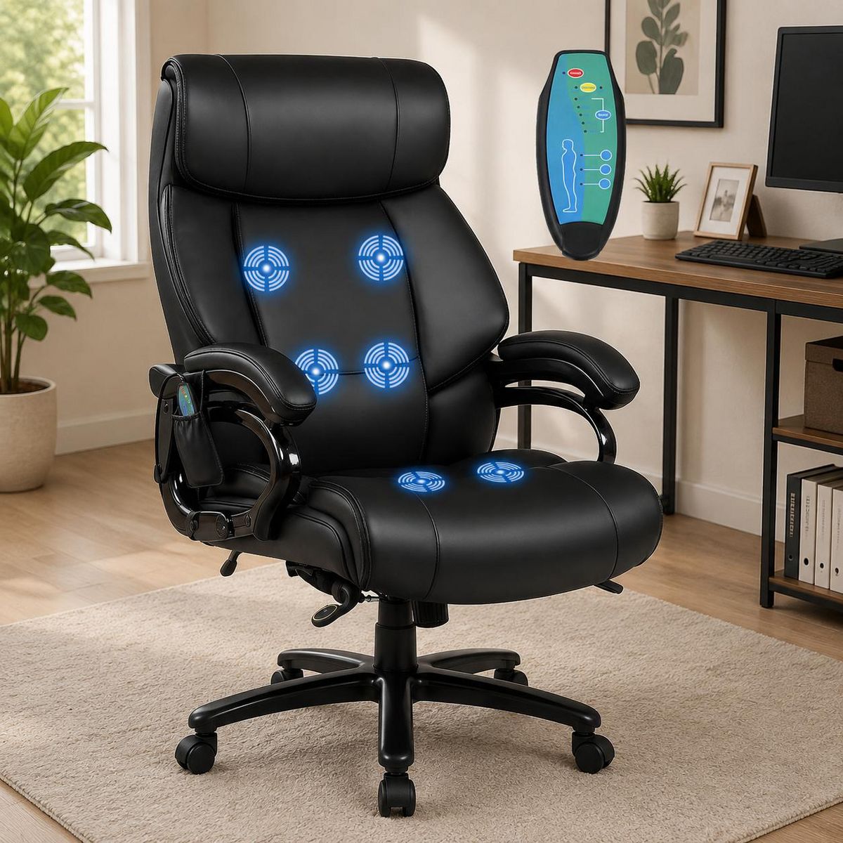 Big and Tall Executive Office Chair with PU Leather Massage and Heavy Duty 400 Lbs Capacity, Black