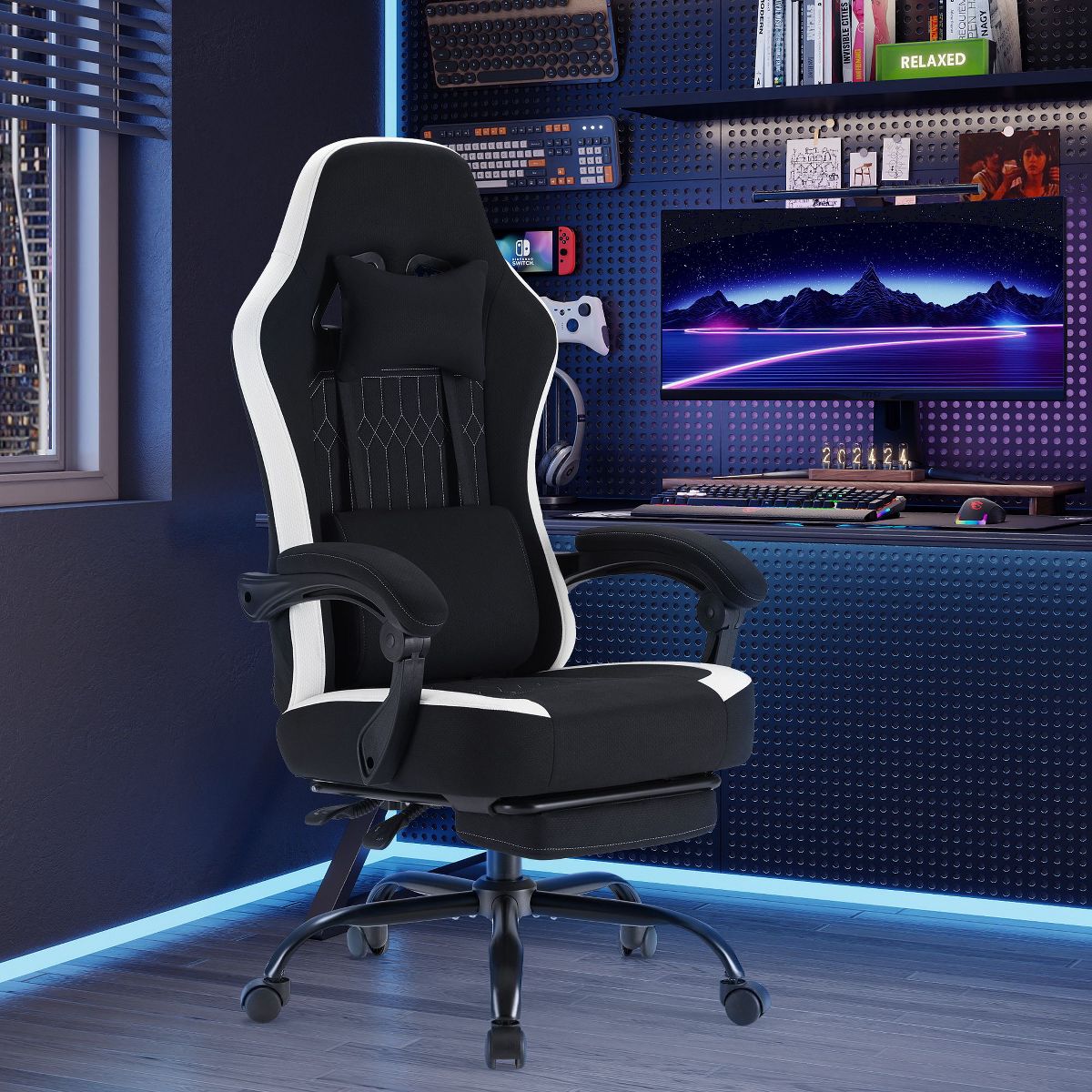 JIONJOY Ergonomic Gaming Chair with Footrest - High Back Lumbar Support, Adjustable Recline& Height, Swivel Computer Desk Chair-BK