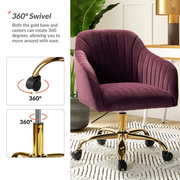 Alex Velvet Height-adjustable Swivel Task Office Chair with Channel-tufted Back and Gold Metal Base | Karat Home - Black