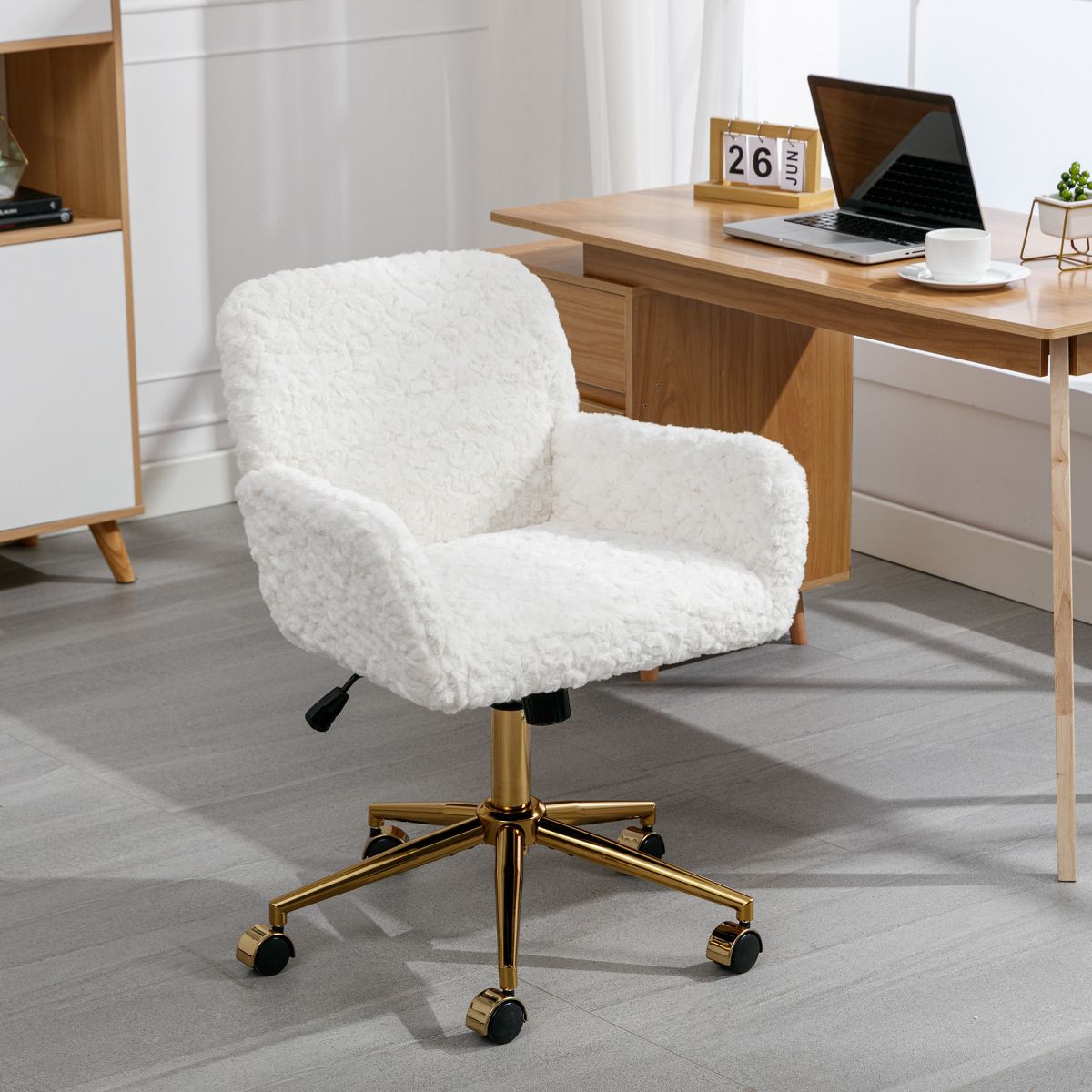 Artificial Alpaca Wool Office Chair with Golden Metal Base, Adjustable Desk Chair Swivel, Reclines 40¡ã, Larger 320 mm Base, Wider and Deeper Seat