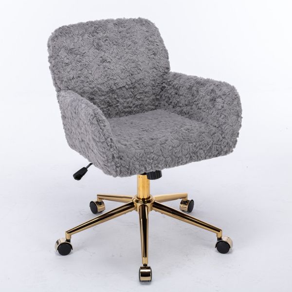 Adjustable Faux Fur Office Chair with Gold Base, Swivel Upholstered Desk Chair with Armrests, Gray