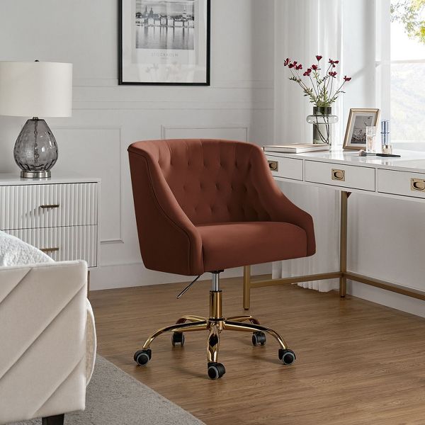 Anika Modern Velvet Height-adjustable Swivel Task Office Chair with Button-tufted Back and Gold Base | Karat Home - Black