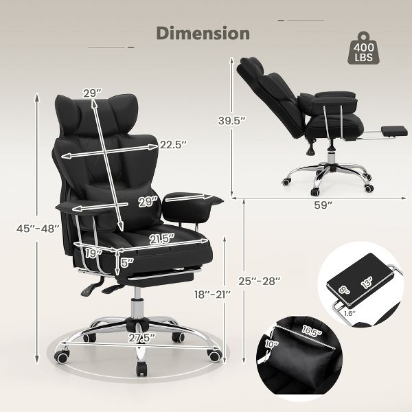 Costway 400 LBS Big & Tall Office Chair with Adjustable Height Reclining Function Footrest Black