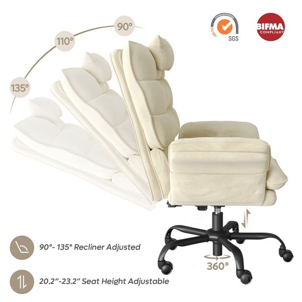 Bestier Big and Tall Executive Office Chair with Flip-Up Arms, Adjustable Height, Reclining Office Chair with Headrest & Side Pockets, Beige