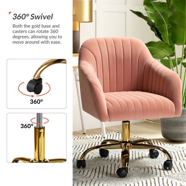 Alex Velvet Height-adjustable Swivel Task Office Chair with Channel-tufted Back and Gold Metal Base | Karat Home - Black