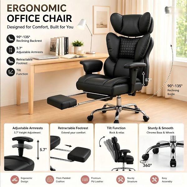 Bestier 27-in W Ergonomic Office Chair with Adjustable Armrests Reclining Footrest 350 lb Capacity for Home Office Gaming, Black