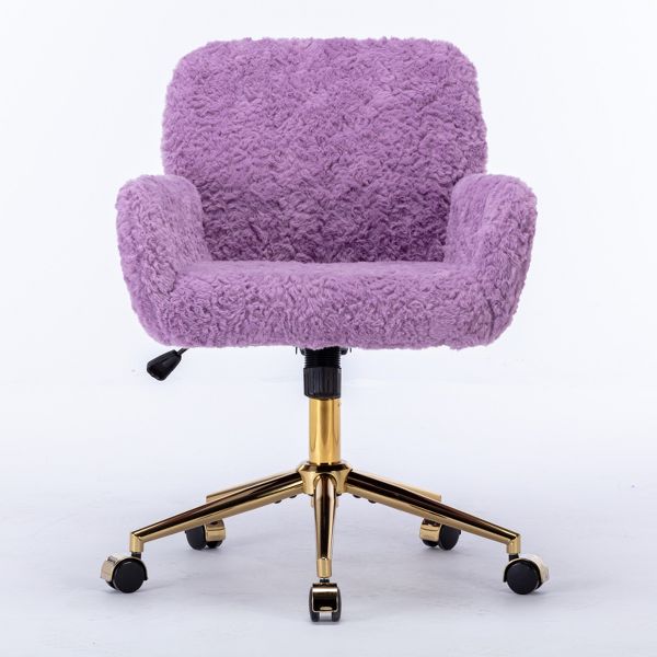 Adjustable Faux Fur Office Chair with Gold Base, Swivel Upholstered Desk Chair with Armrests, Violet