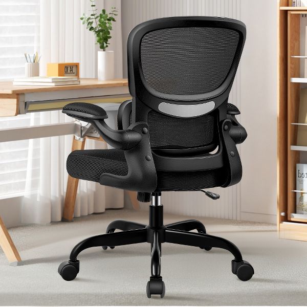 KERDOM Office Chair, Breathable Mesh Comfy Chair with Lumbar Support, Flip-up Armrests, Desk Chair for Adults Home Office, Black