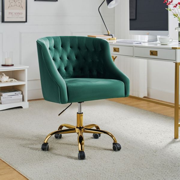 Anika Modern Velvet Height-adjustable Swivel Task Office Chair with Button-tufted Back and Gold Base | Karat Home - Black