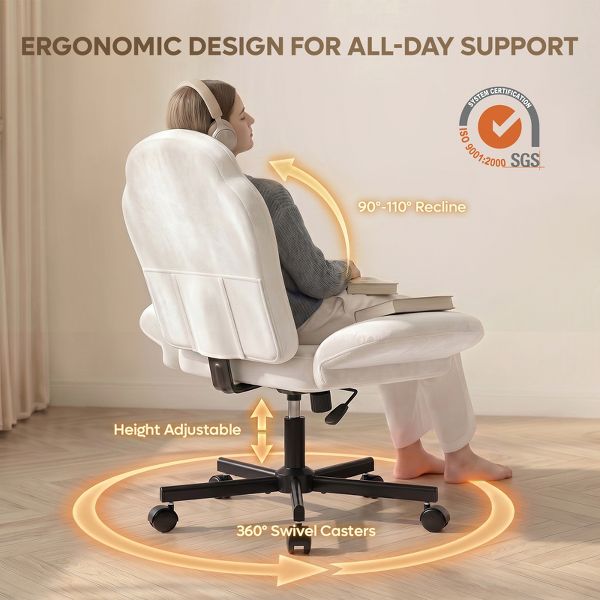Bestier Criss Cross Chair Vanity Desk Chair with Foldable Armrests, Reclining Office Chair for Home Office, Makeup & Reading,Pet-Friendly, Beige