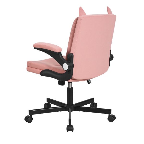 VECELO Cat-Themed Office Chair, Adjustable Height Upholstered Desk Chair with Flip Arms, 360° Swivel Ergonomic Study Chair, Pink