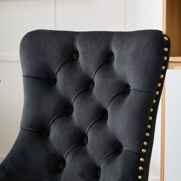 Adjustable Desk Chair Swivel Office Chair, Modern Velvet Upholstered Tufted Button Home Office Chair with Golden Metal Base (Black)