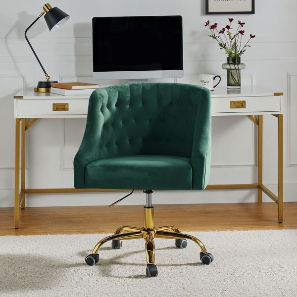 Anika Modern Velvet Height-adjustable Swivel Task Office Chair with Button-tufted Back and Gold Base | Karat Home - Black