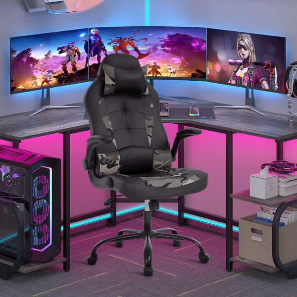 FDW PC Gaming Chair Office Chair Desk Chair with Lumbar Support Flip Up Arms Headrest, Black