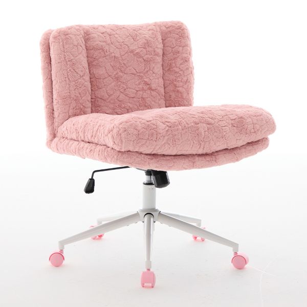 26.4" Wide Faux Fur Office Chair, Adjustable Swivel Desk Chair with Double Cushion, Ergonomic Home Office Chair, Pink