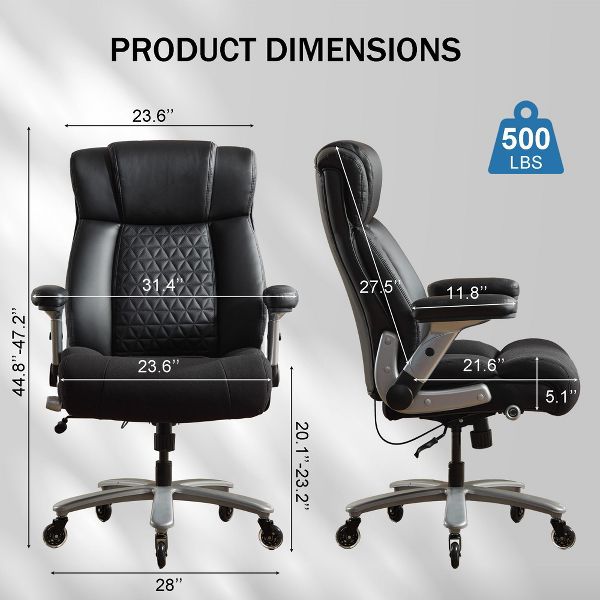 500lbs Big and Tall Office Chair with Adjustable Lumbar Support, Executive Heavy Duty Chair with Flip-Up Armrests and Wider Seat, Ergonomic Chair