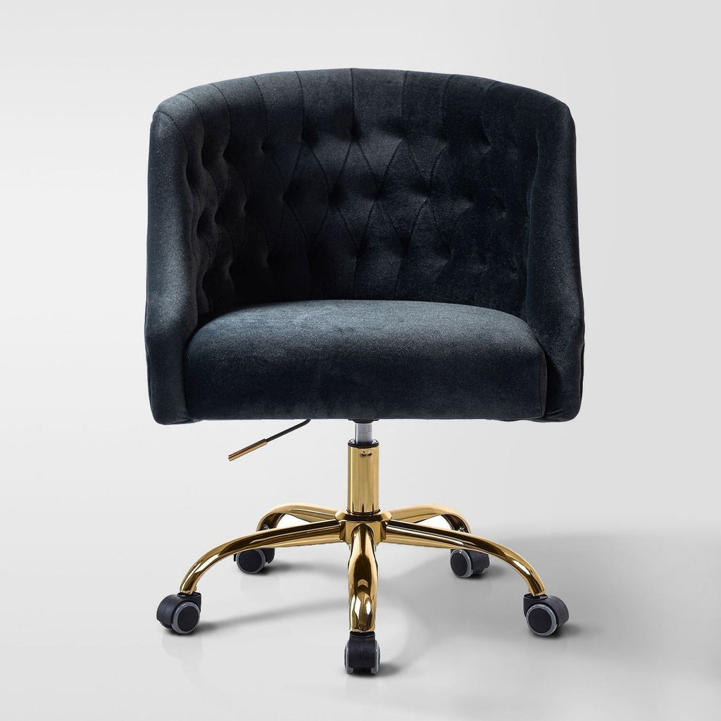 Anika Modern Velvet Height-adjustable Swivel Task Office Chair with Button-tufted Back and Gold Base | Karat Home - Black