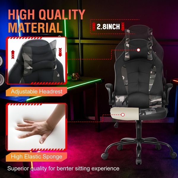 FDW PC Gaming Chair Office Chair Desk Chair with Lumbar Support Flip Up Arms Headrest, Black