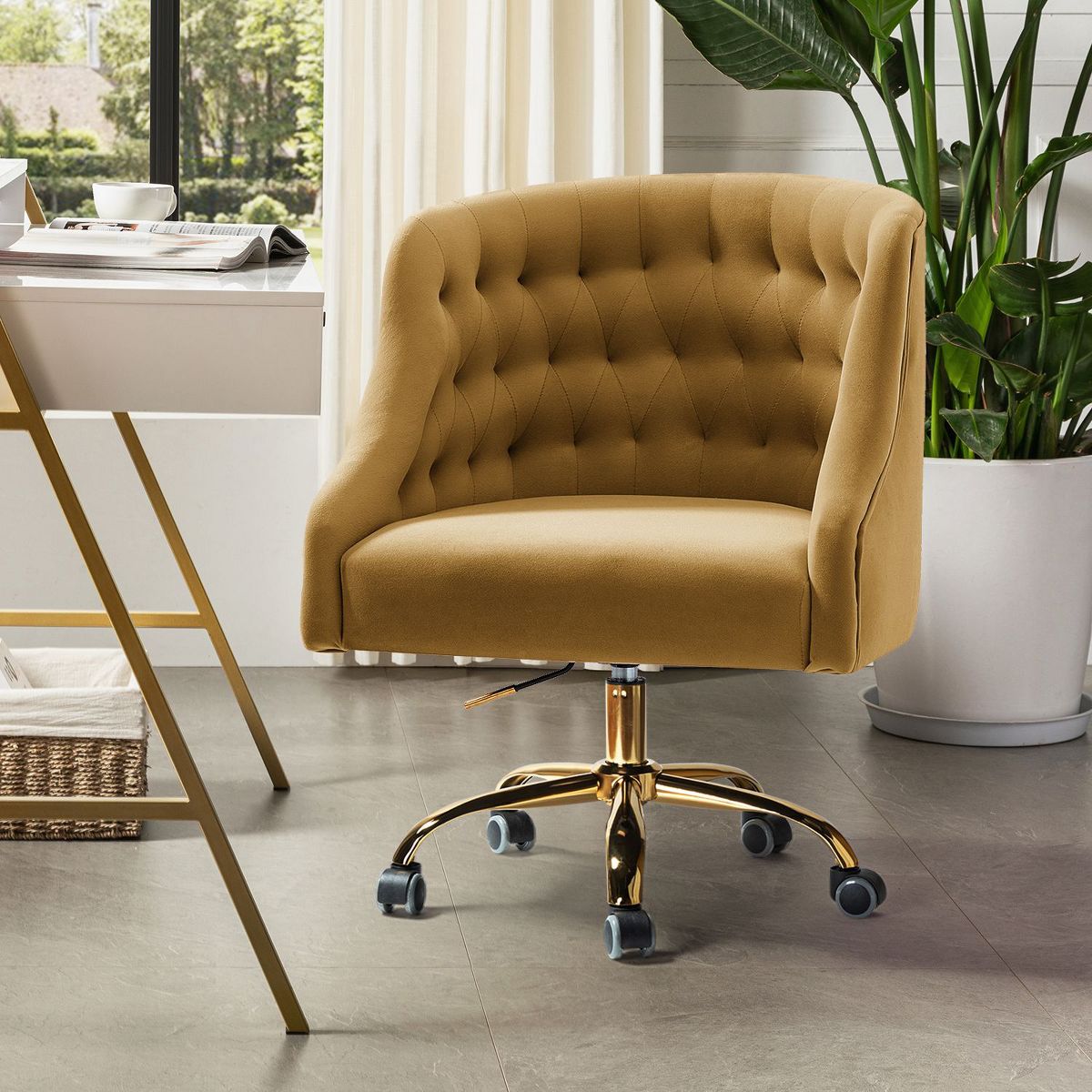 Anika Modern Velvet Height-adjustable Swivel Task Office Chair with Button-tufted Back and Gold Base | Karat Home - Black