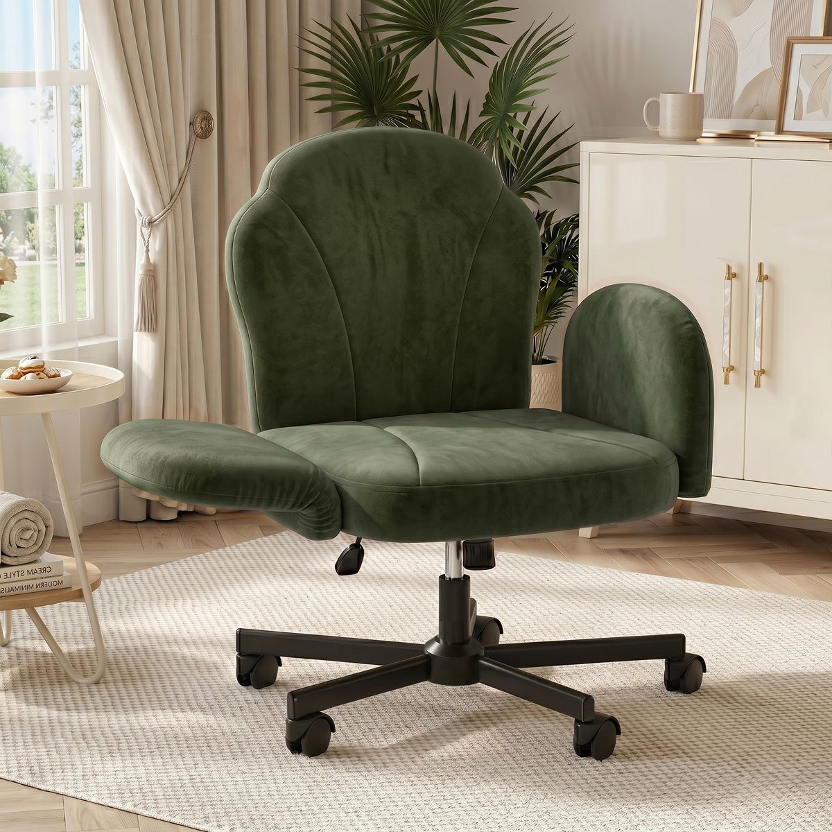 Bestier Criss Cross Chair Vanity Desk Chair with Foldable Armrests, Reclining Office Chair for Home Office, Makeup & Reading,Pet-Friendly, Beige