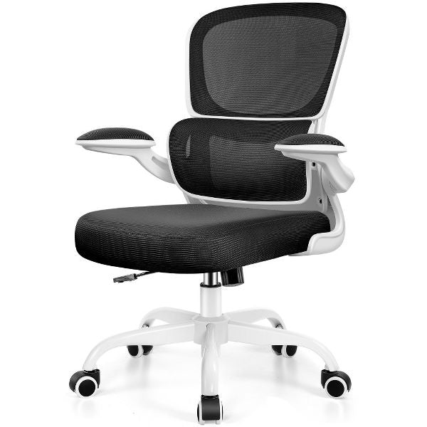 KERDOM Office Chair, Breathable Mesh Comfy Chair with Lumbar Support, Flip-up Armrests, Desk Chair for Adults Home Office, Black