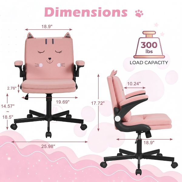 VECELO Cat-Themed Office Chair, Adjustable Height Upholstered Desk Chair with Flip Arms, 360° Swivel Ergonomic Study Chair, Pink
