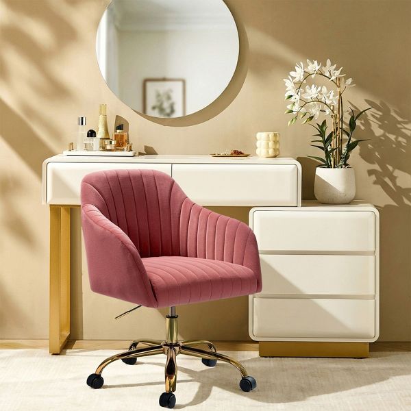 Alex Velvet Height-adjustable Swivel Task Office Chair with Channel-tufted Back and Gold Metal Base | Karat Home - Black