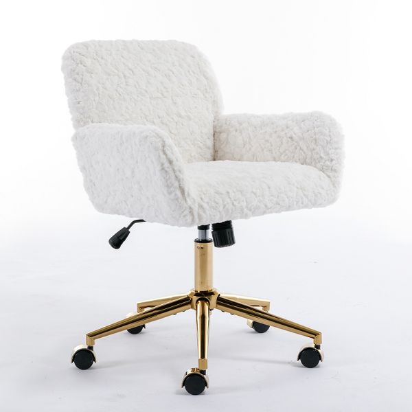 Artificial Alpaca Wool Office Chair with Golden Metal Base, Adjustable Desk Chair Swivel, Reclines 40¡ã, Larger 320 mm Base, Wider and Deeper Seat
